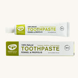 Green People Fennel & Propolis Natural Toothpaste on a plain background. 