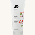 Green People Quinoa & Calendula shower gel on a plain background.