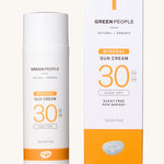 Green People Natural and Organic Mineral Suncream SPF30 Scent Free, bottle and box on a white background