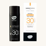 The Green People Sports+ Sun Cream in black sun resistant packaging, next to its cardboard box.