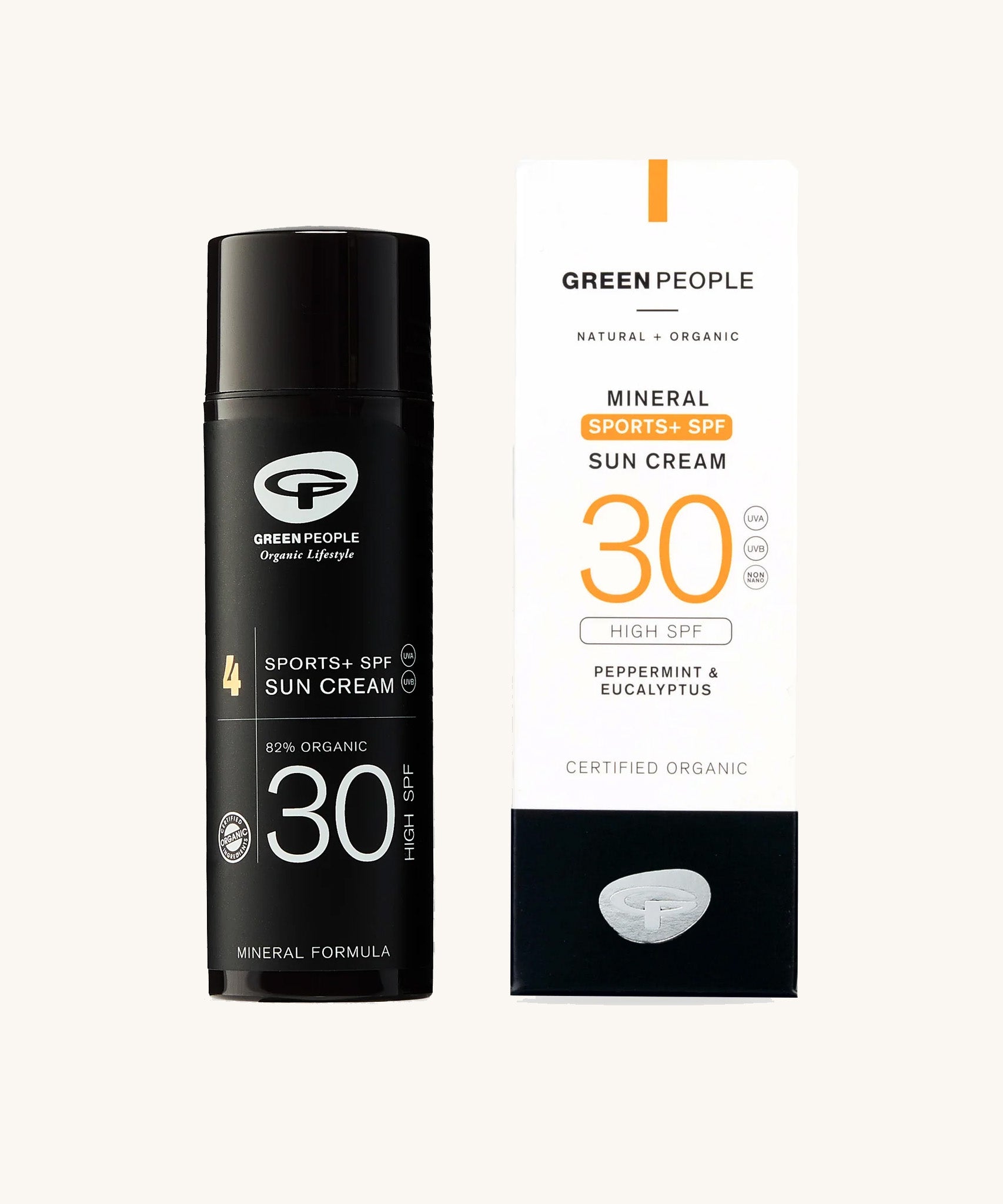 The Green People Sports+ Sun Cream in black sun resistant packaging, next to its cardboard box.