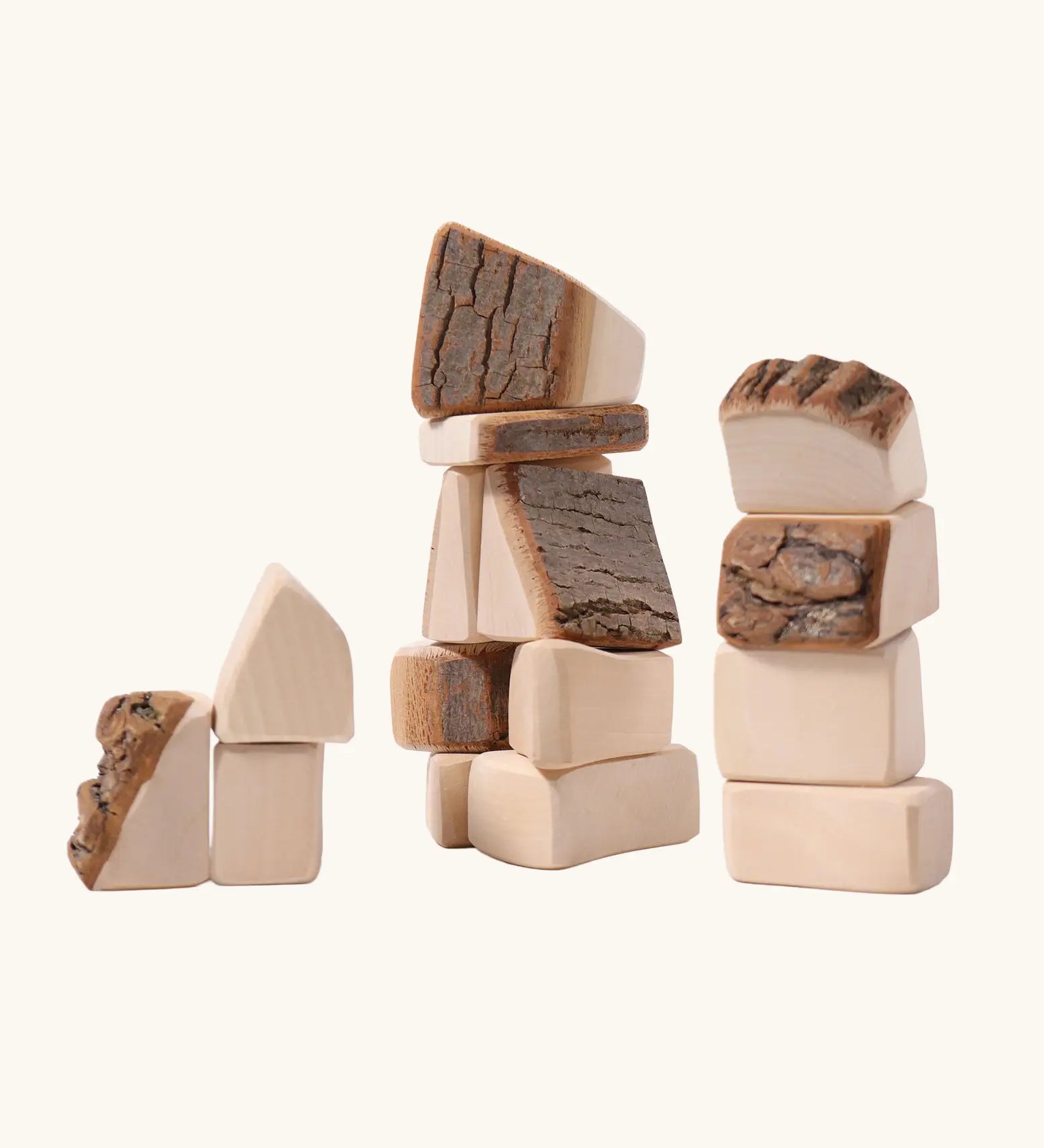 Grimm's 15 wooden blocks with natural bark.