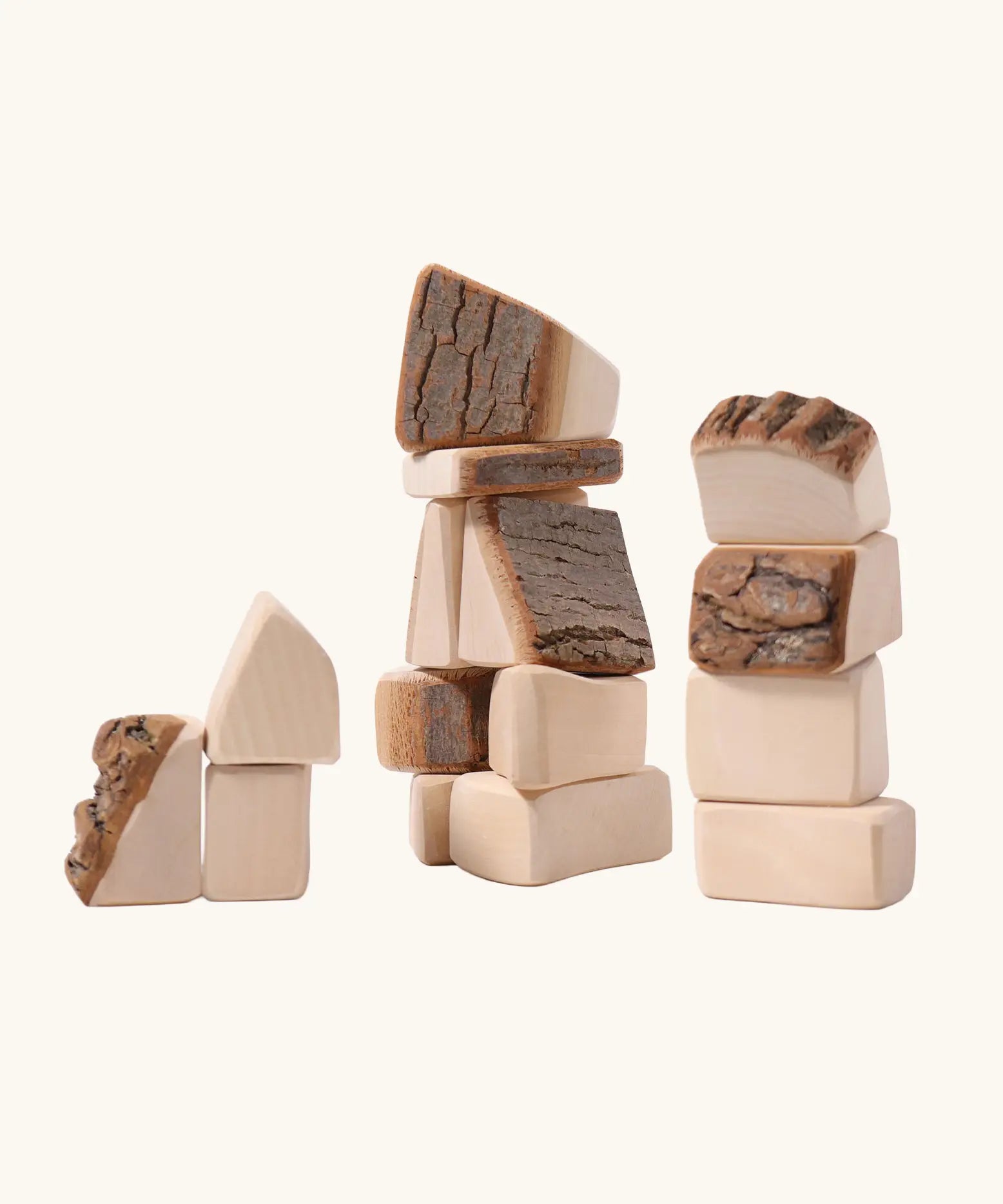Grimm's 15 wooden blocks with natural bark.