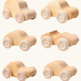Set of 6 Grimms wooden natural unpainted cars with working wheels