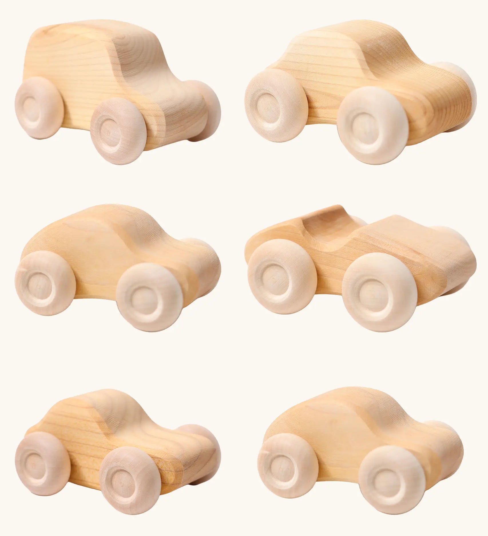 Set of 6 Grimms wooden natural unpainted cars with working wheels