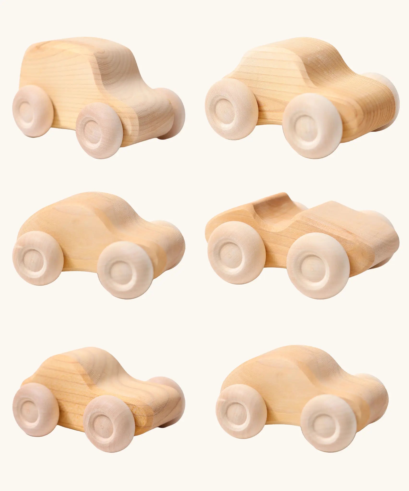 Set of 6 Grimms wooden natural unpainted cars with working wheels
