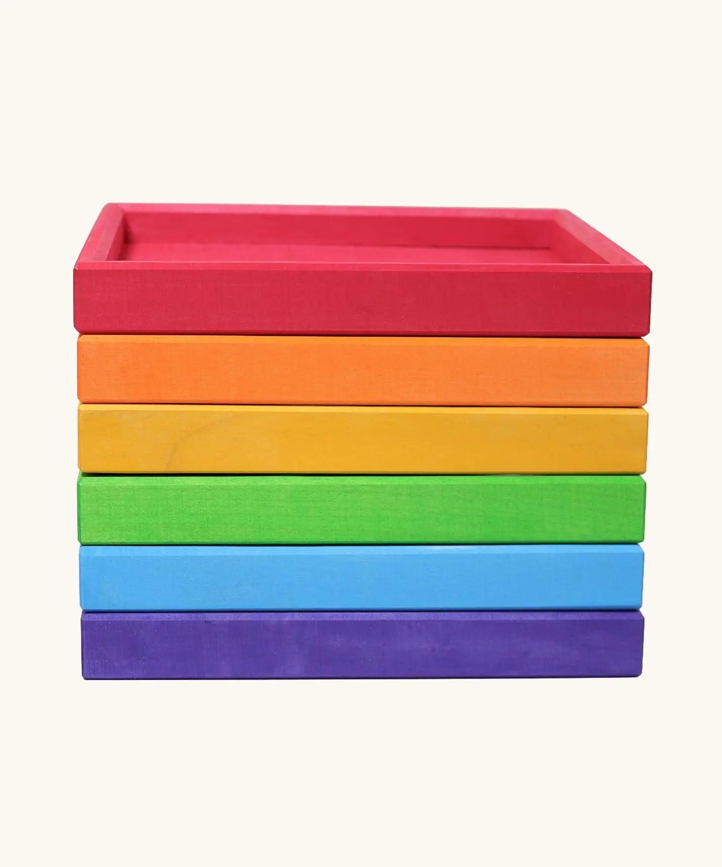 6 handcrafted wooden Grimm's frames in a rainbow palette. Made for storing, stacking and building.
