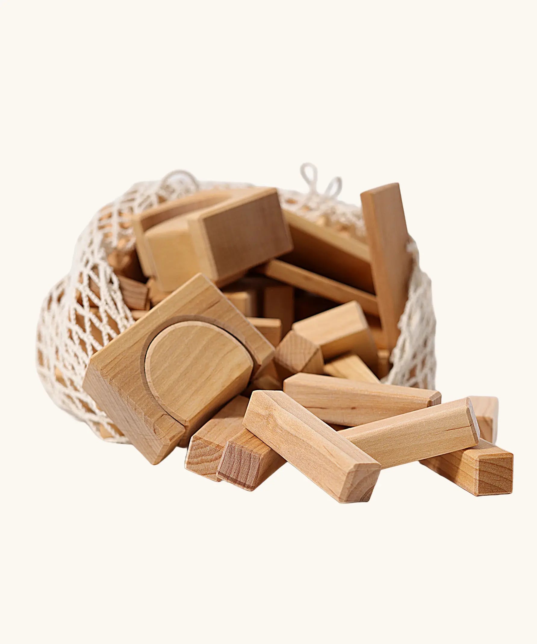 Grimm's 60 natural geo wooden building blocks in a storage bag. 