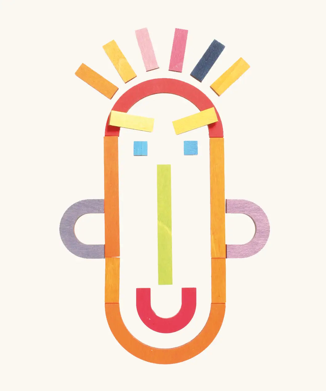 A playful face made from the Grimm's handcrafted wooden alphabet letter shapes