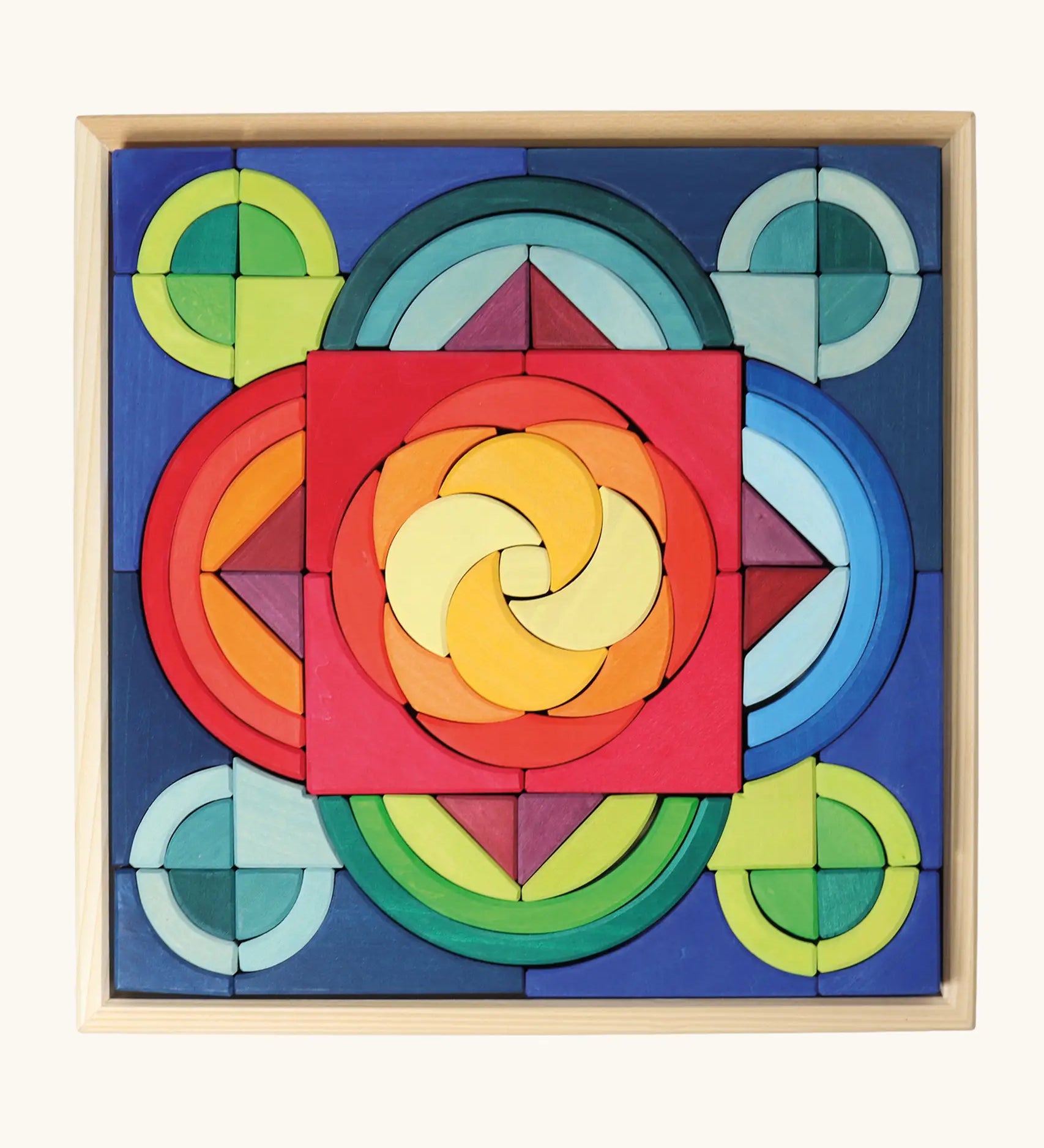 Grimm's arcs in squares wooden building set in a wooden tray base.