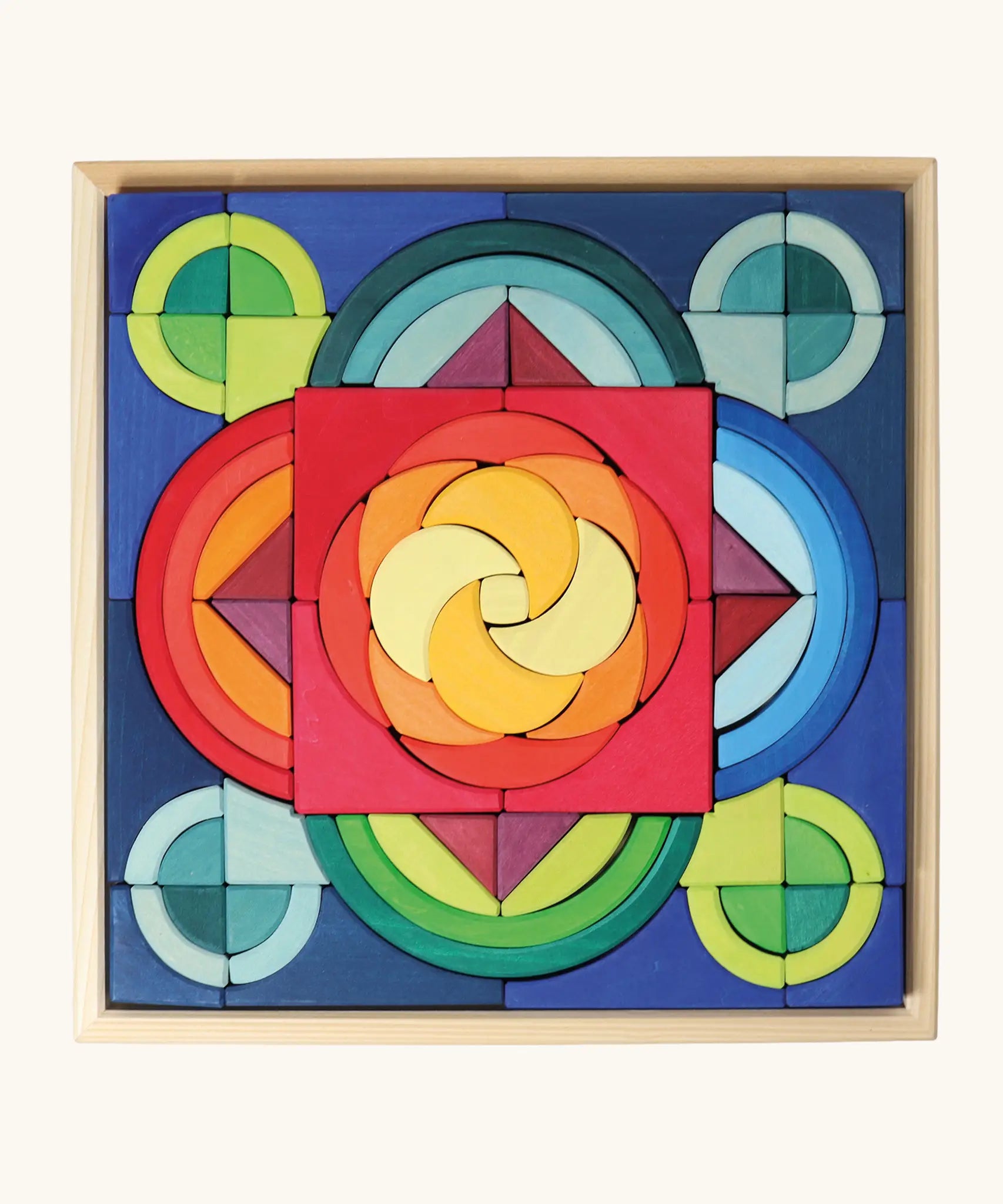 Grimm's arcs in squares wooden building set in a wooden tray base.