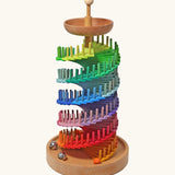 Grimms ball run assembly set. Includes 80 handcrafted wooden colourful wooden panels and 176 dowels, a base and start bowl