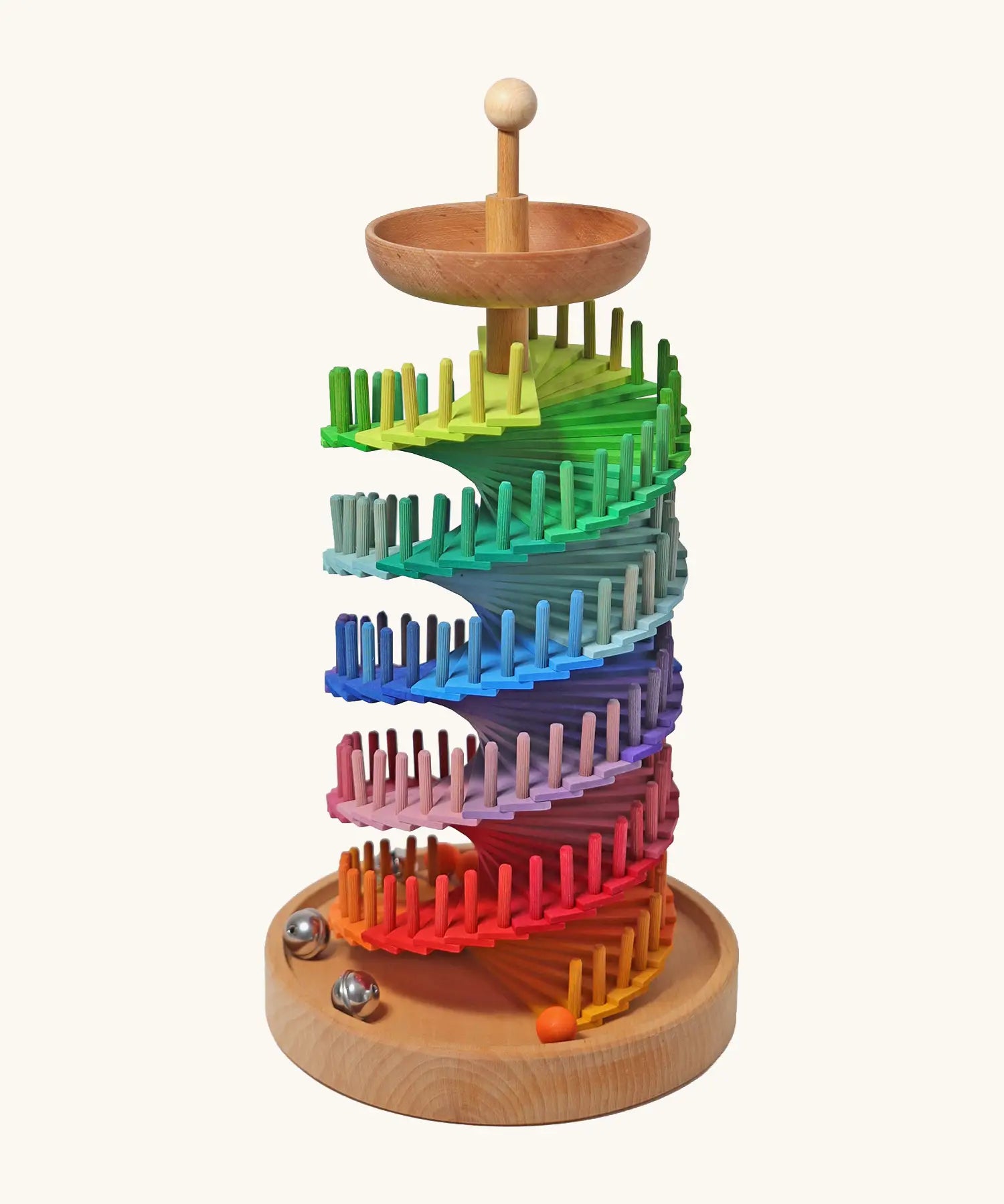 Grimms ball run assembly set. Includes 80 handcrafted wooden colourful wooden panels and 176 dowels, a base and start bowl