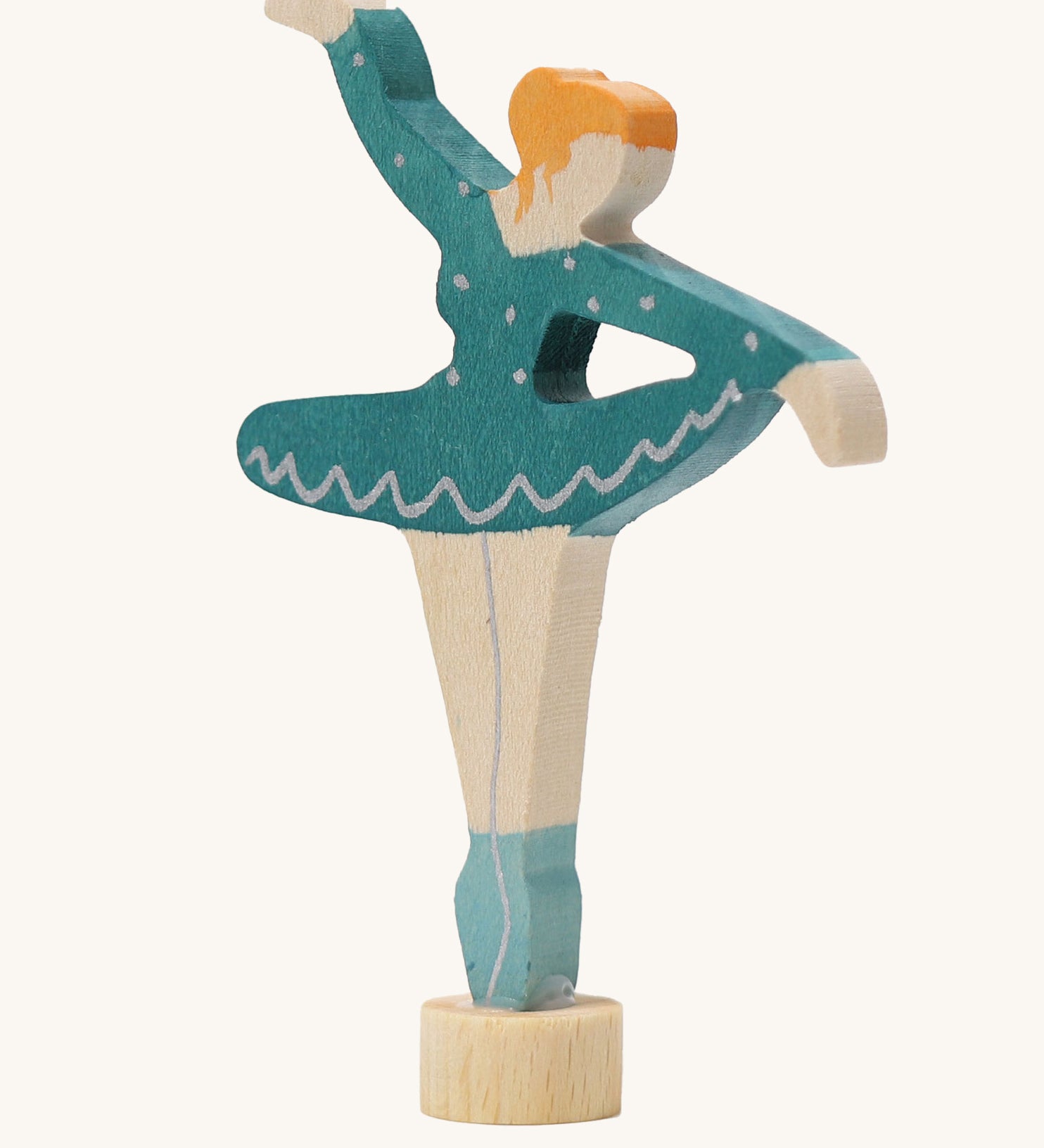 A Grimms wooden ballerina decorative figure in blue. Features a small base on the bottom to slot into the celebration ring.