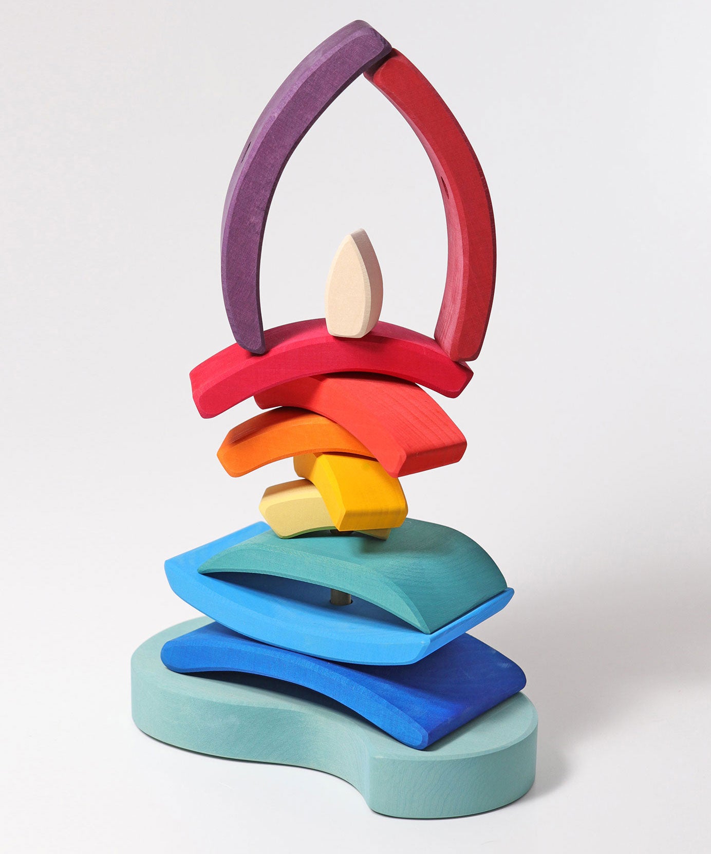 The pieces from the Grimm's Stacking Tower Boat used to create a stack.