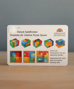 Back of the Grimm's puzzle square booklet showing different template builds from the creative square set 