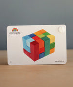 Front of the Grimm's puzzle square booklet showing a template builds from the creative square set 