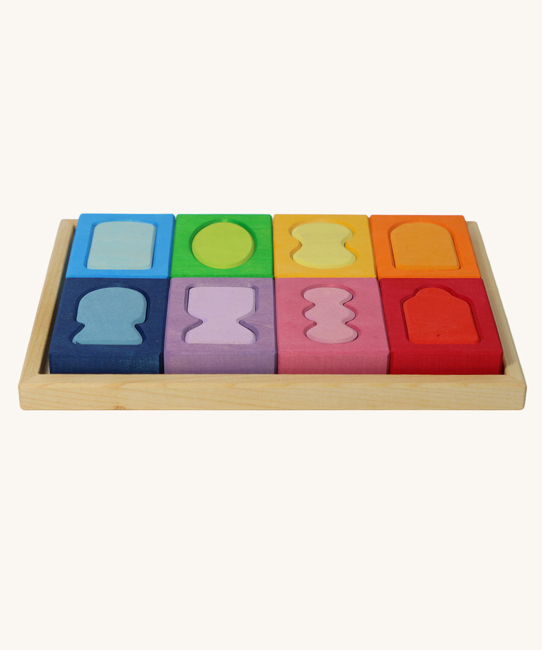Grimm's Windows Building Set wooden blocks in a wooden storage tray. These Grimm's wooden blocks are part of a wide range of wooden toys available here at Babipur. 