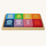 Grimm's Windows Building Set wooden blocks in a wooden storage tray. These Grimm's wooden blocks are part of a wide range of wooden toys available here at Babipur. 