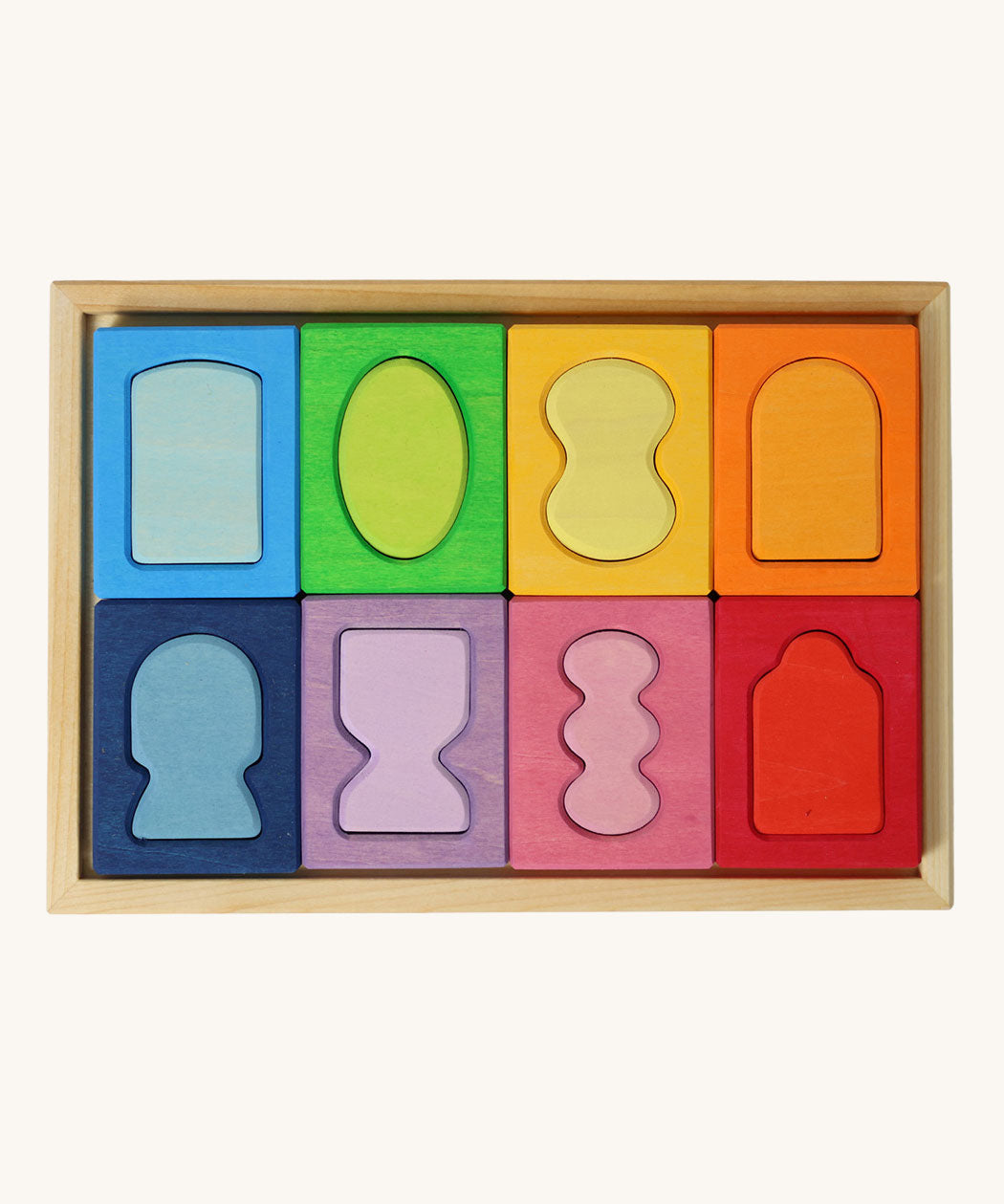 Grimm's Windows Building Set wooden blocks in a wooden storage tray. These Grimm's wooden blocks are part of a wide range of wooden toys available here at Babipur. 