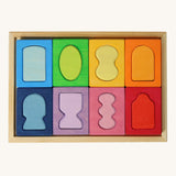 Grimm's Windows Building Set wooden blocks in a wooden storage tray. These Grimm's wooden blocks are part of a wide range of wooden toys available here at Babipur. 