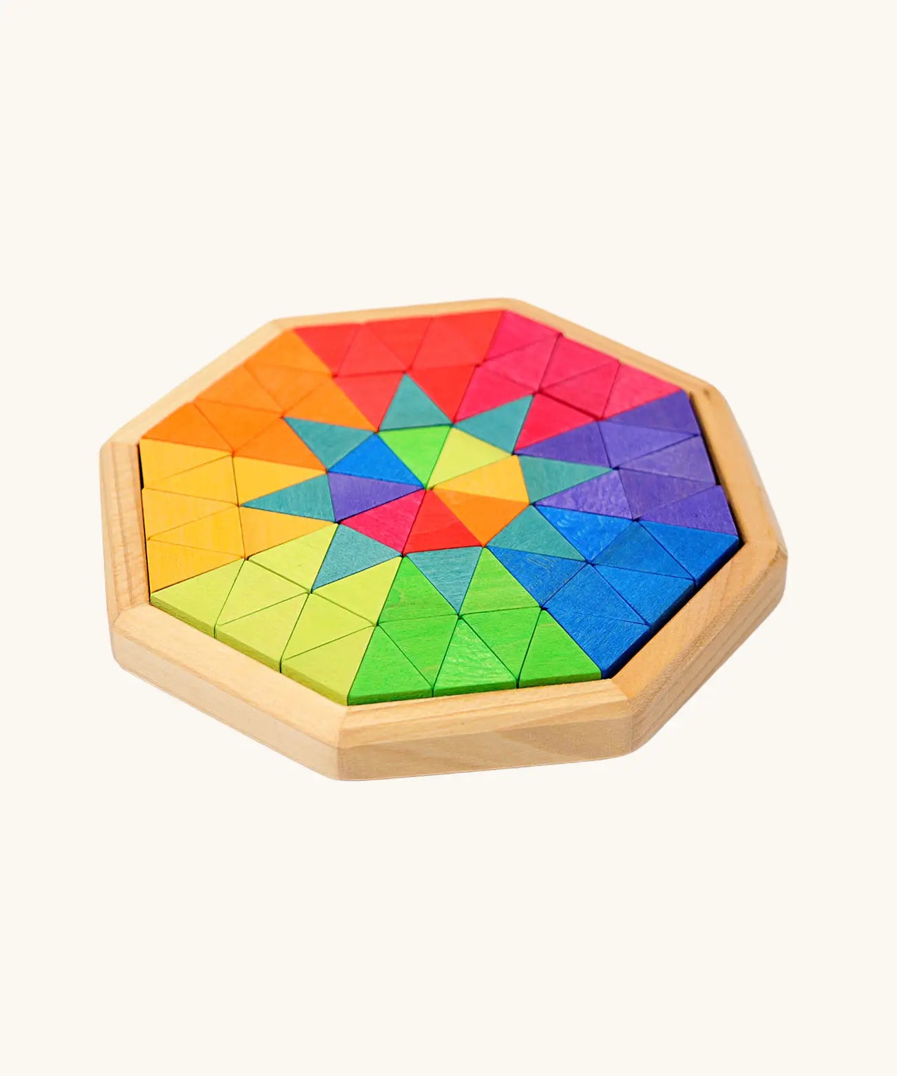 Grimm's Building Octagon Puzzle in a wooden storage frame tray. 