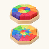 Small and large Grimm's Building Octagon Puzzle in wooden storage frame trays. 