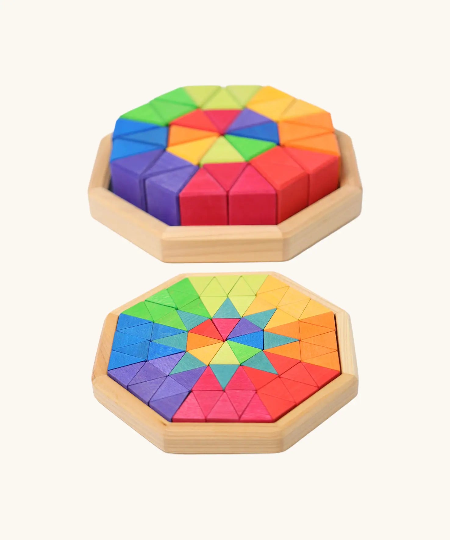 Small and large Grimm's Building Octagon Puzzle in wooden storage frame trays. 
