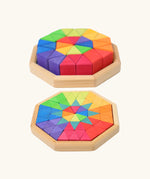 Small and large Grimm's Building Octagon Puzzle in wooden storage frame trays. 