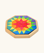 Grimm's Building Octagon Puzzle in a wooden storage frame tray. 