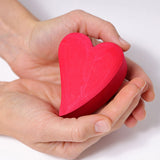A close up of the red coloured heart in a person's hands.