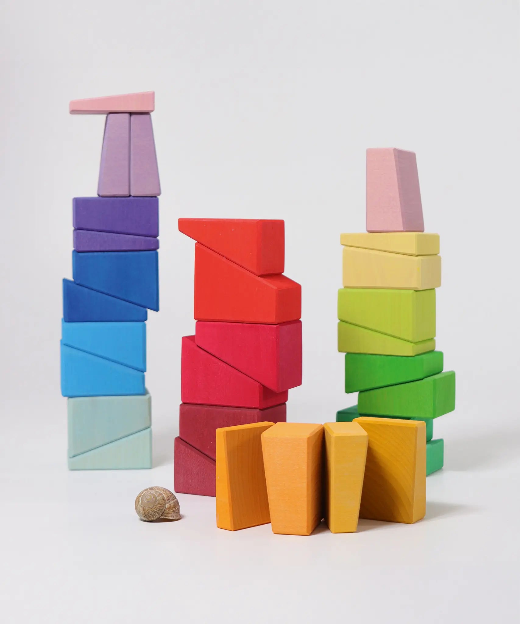 Three stacks created using the blocks from the Grimm's sloping blocks building set.