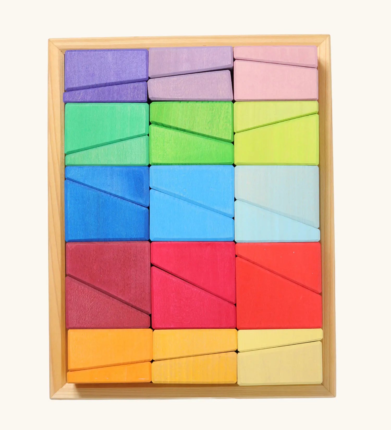 Grimm's sloping blocks building set in a wooden storage display tray.