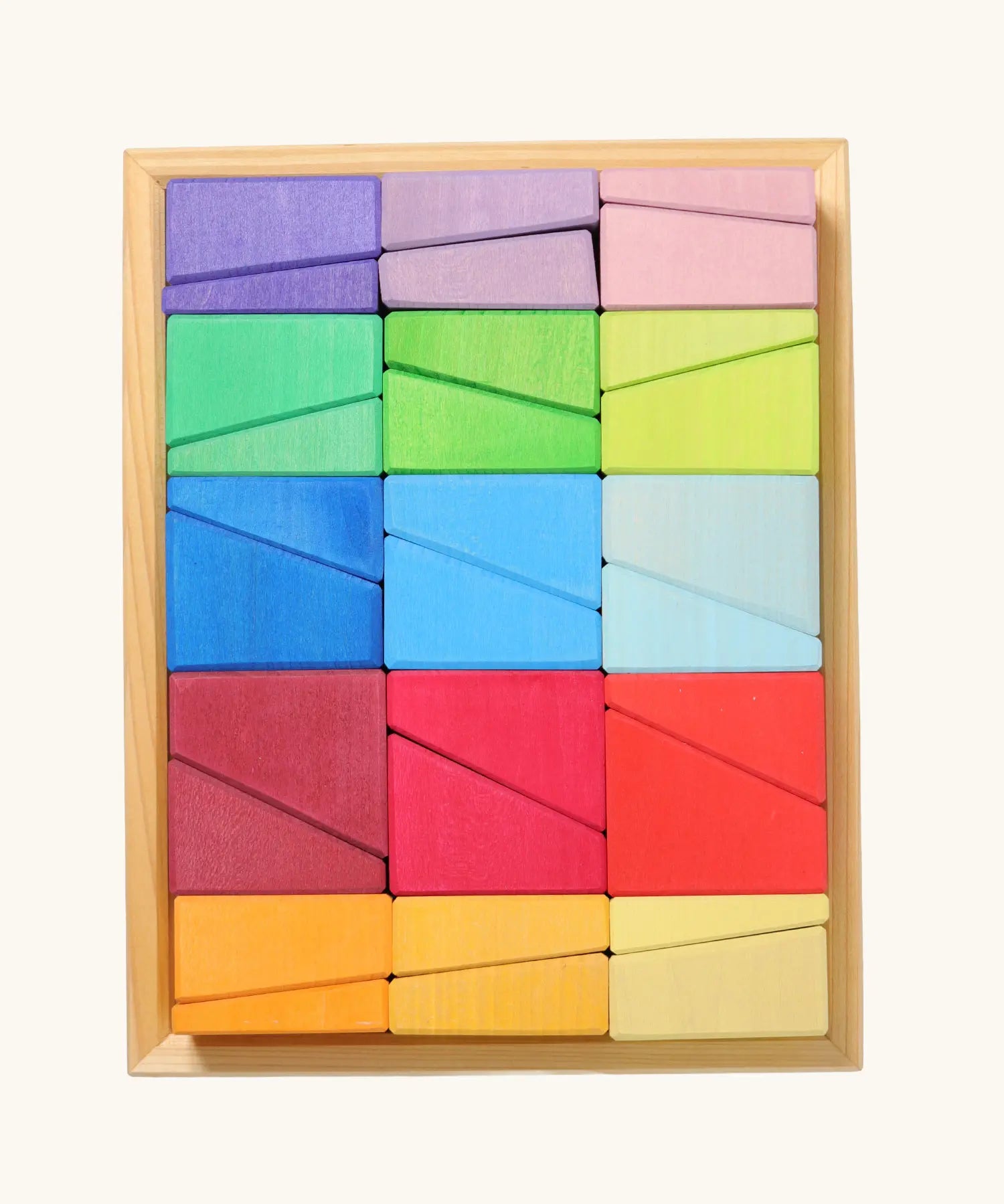 Grimm's sloping blocks building set in a wooden storage display tray.