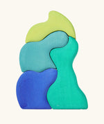 Back of the Grimm's casa aqua wooden toy stacking puzzle. Four piece simple wooden block puzzle toy in a mix of blue and green colours. 