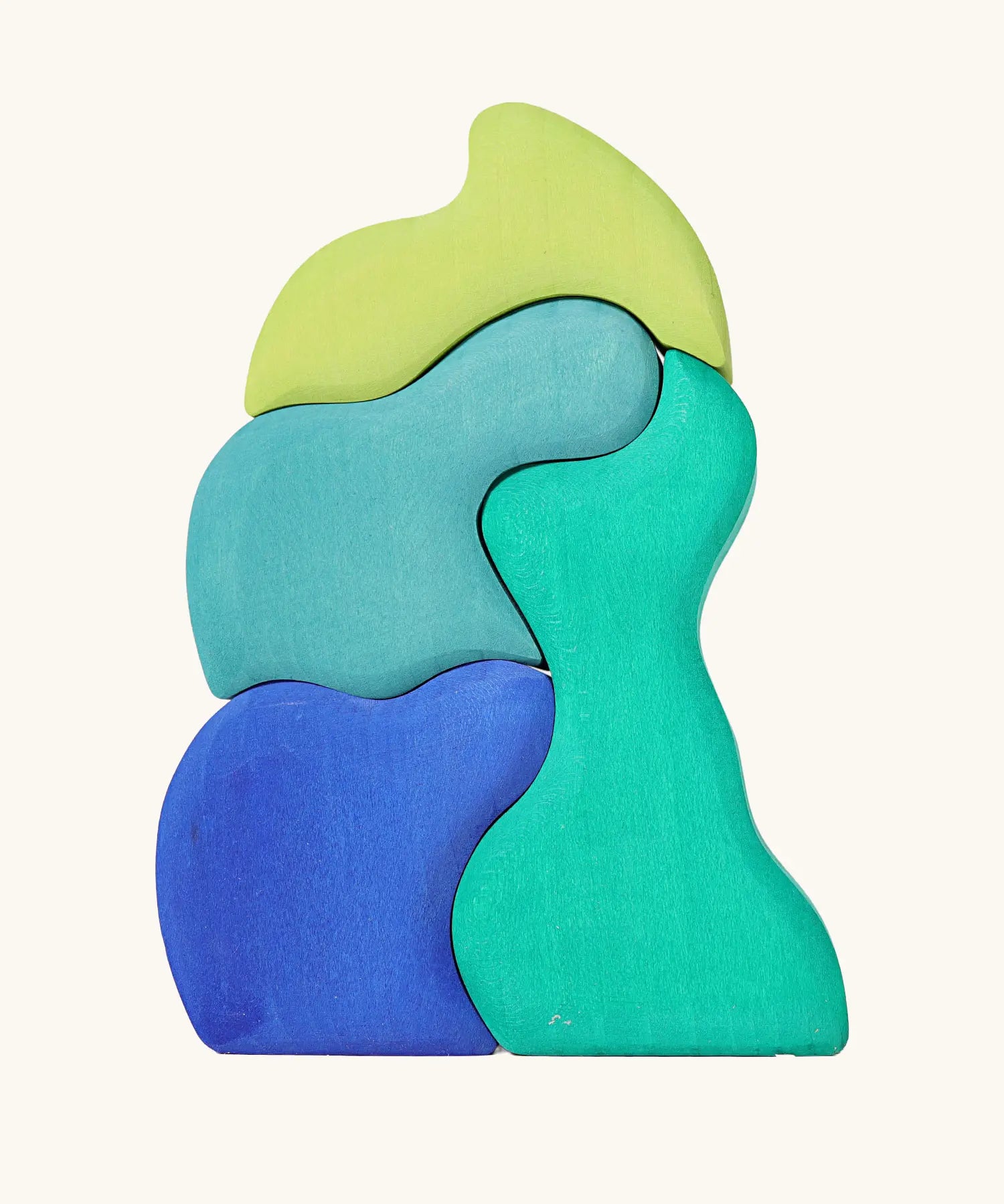 Back of the Grimm's casa aqua wooden toy stacking puzzle. Four piece simple wooden block puzzle toy in a mix of blue and green colours. 