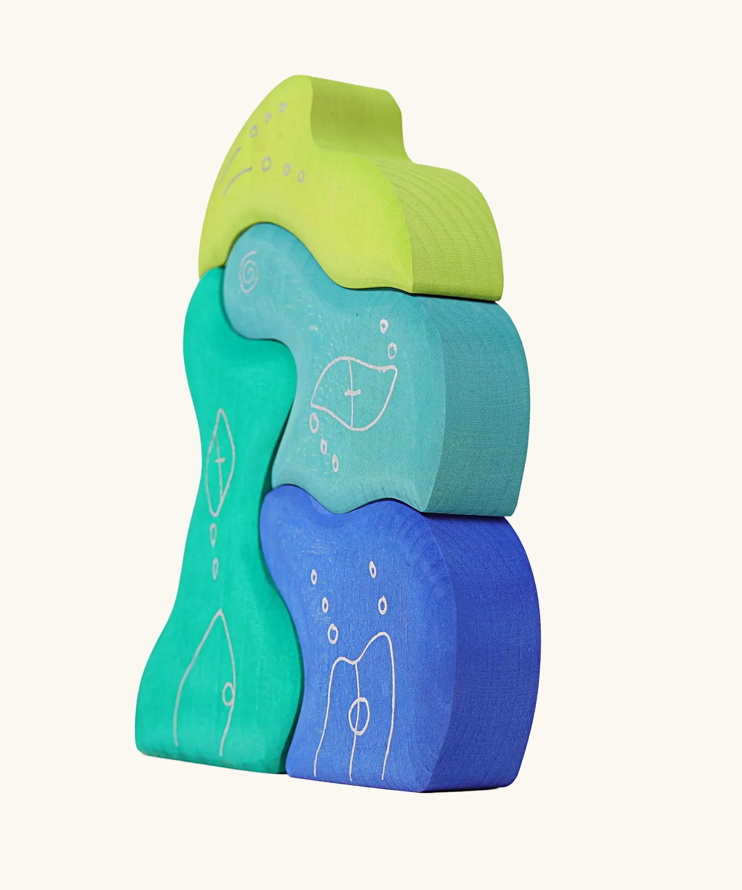 Side of the Grimm's casa aqua wooden toy stacking puzzle. Four piece simple wooden block puzzle toy in a mix of blue and green colours. 