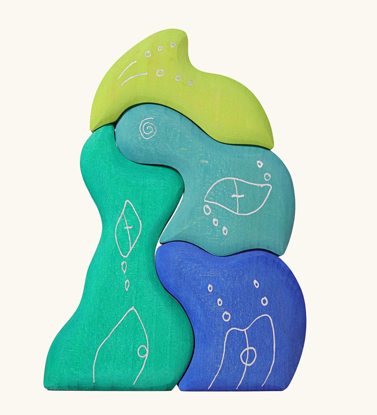 Grimm's casa aqua wooden toy stacking puzzle. Four piece simple wooden block puzzle toy in a mix of blue and green colours. 