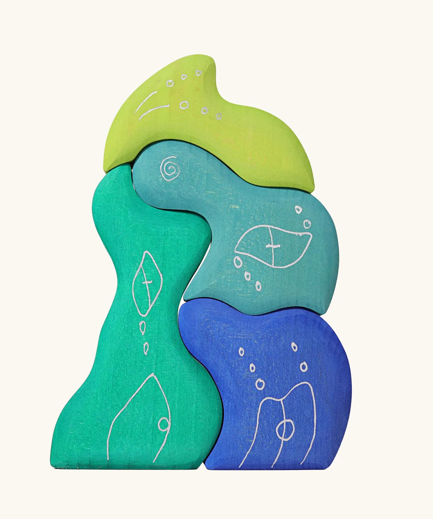 Grimm's casa aqua wooden toy stacking puzzle. Four piece simple wooden block puzzle toy in a mix of blue and green colours. 