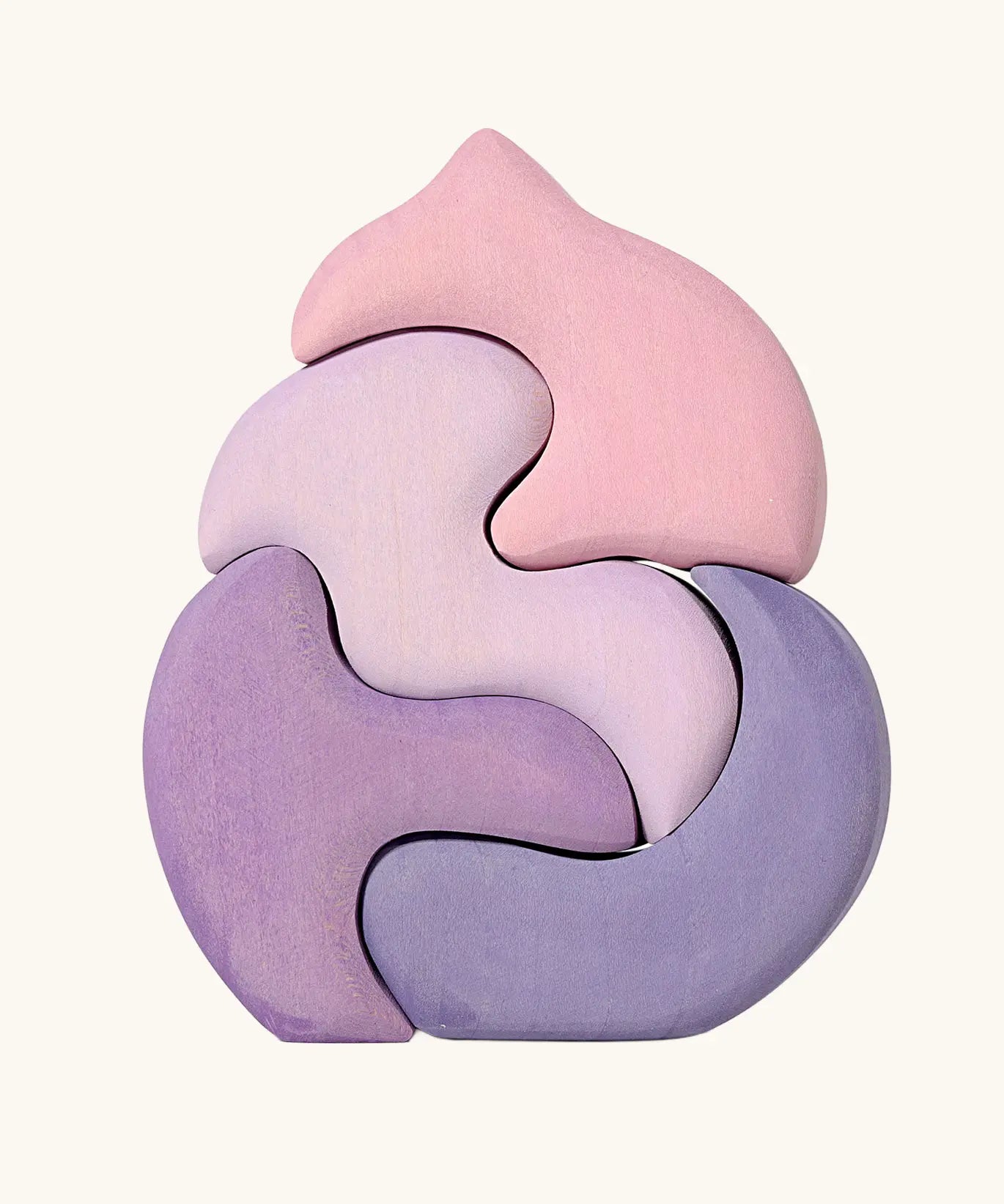 Back of the Grimm's casa coral wooden toy stacking puzzle. Four piece pink and lilac block puzzle.