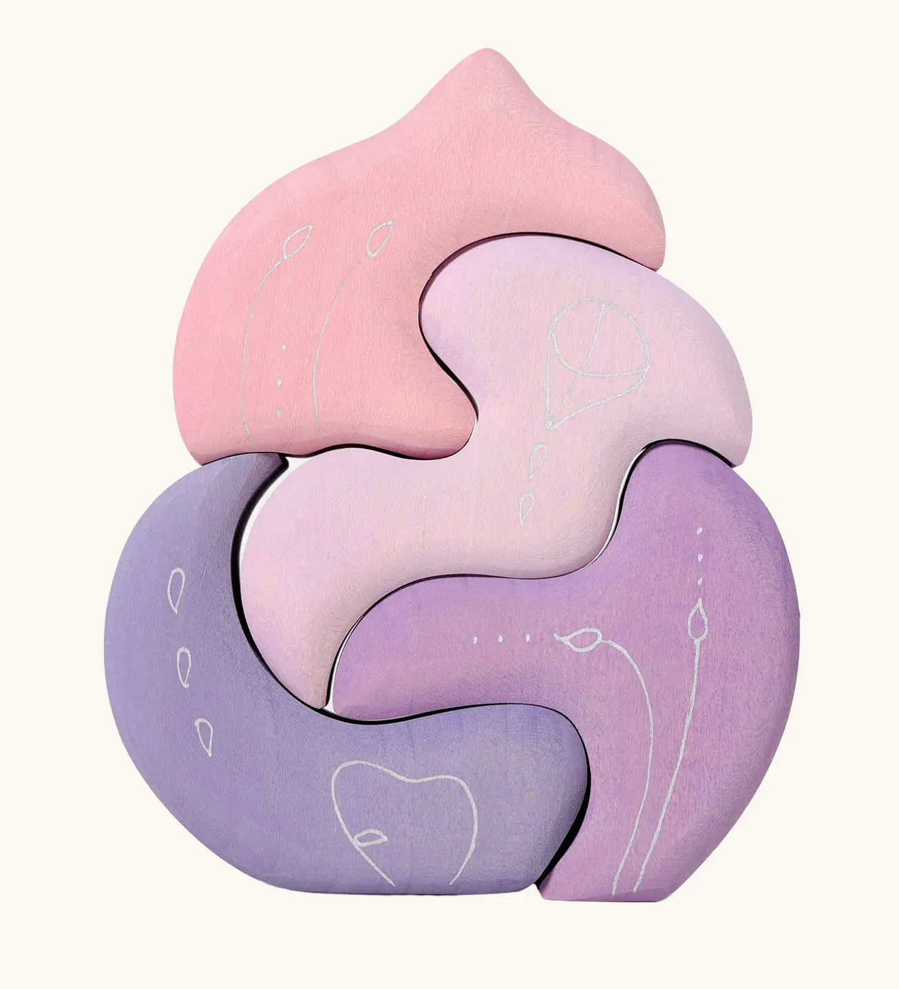 Grimm's casa coral wooden toy stacking puzzle. Four piece pink and lilac block puzzle.