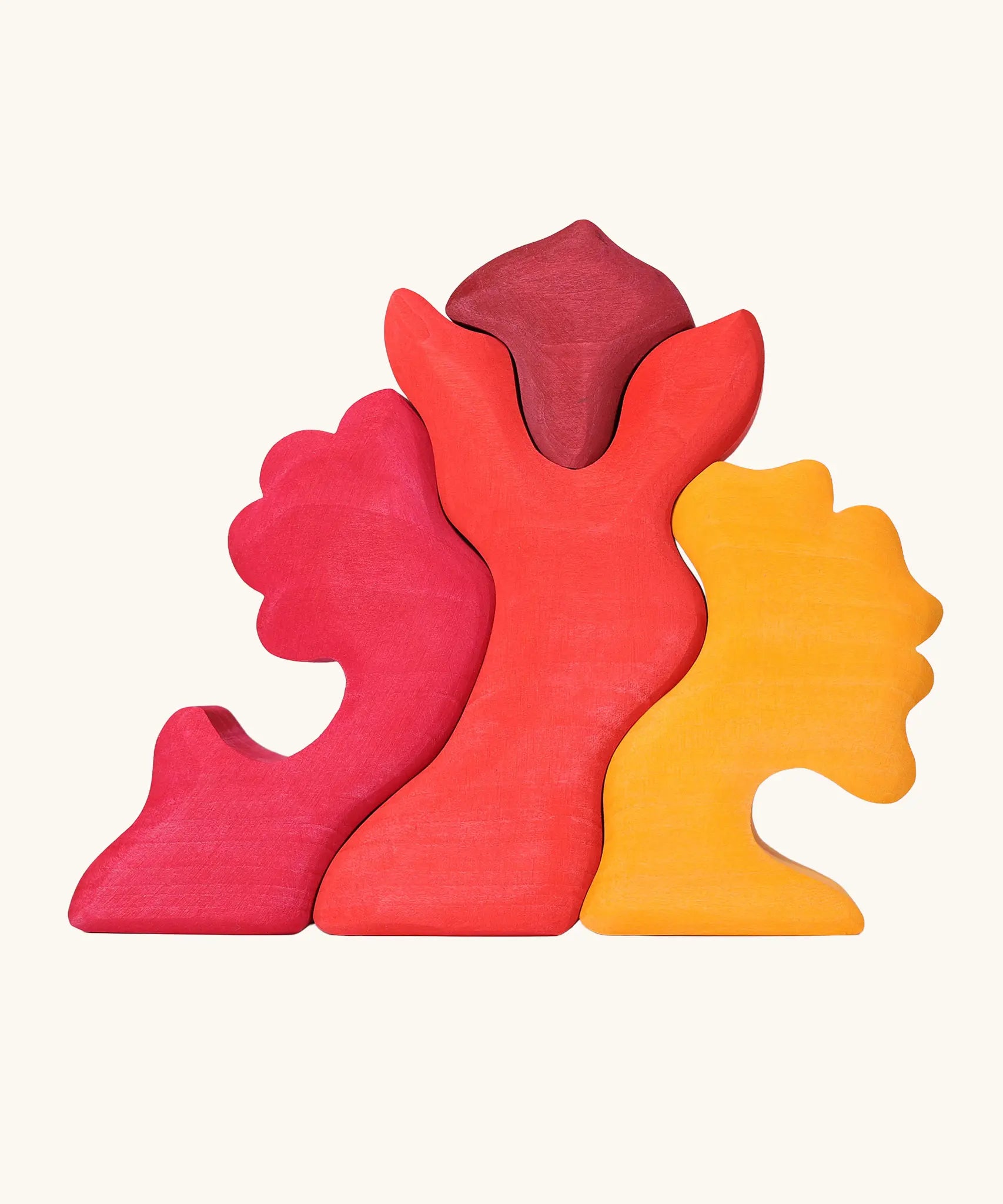 Back of the Grimm's casa glora wooden toy stacking puzzle. 4 piece puzzle in a mix of red and yellow colours.