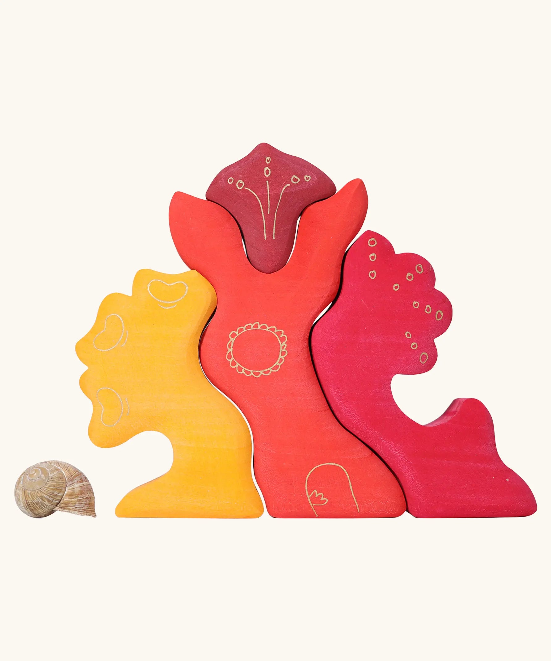 Grimm's casa glora wooden toy stacking puzzle. 4 piece puzzle in a mix of red and yellow colours.