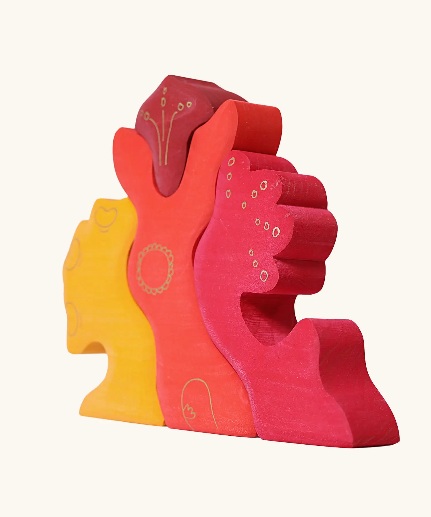 Grimm's casa glora wooden toy stacking puzzle. 4 piece puzzle in a mix of red and yellow colours.