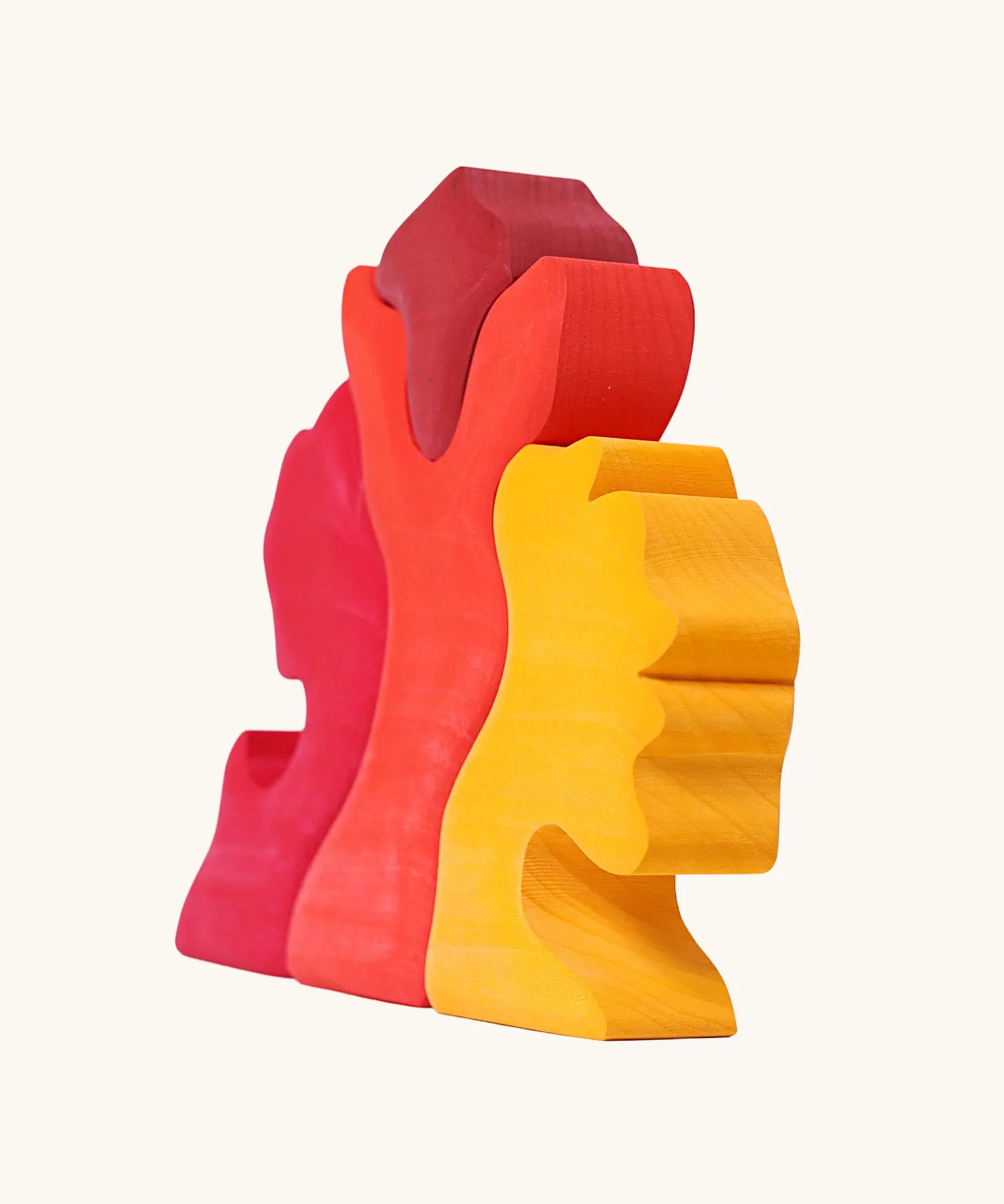 Back of the Grimm's casa glora wooden toy stacking puzzle. 4 piece puzzle in a mix of red and yellow colours.