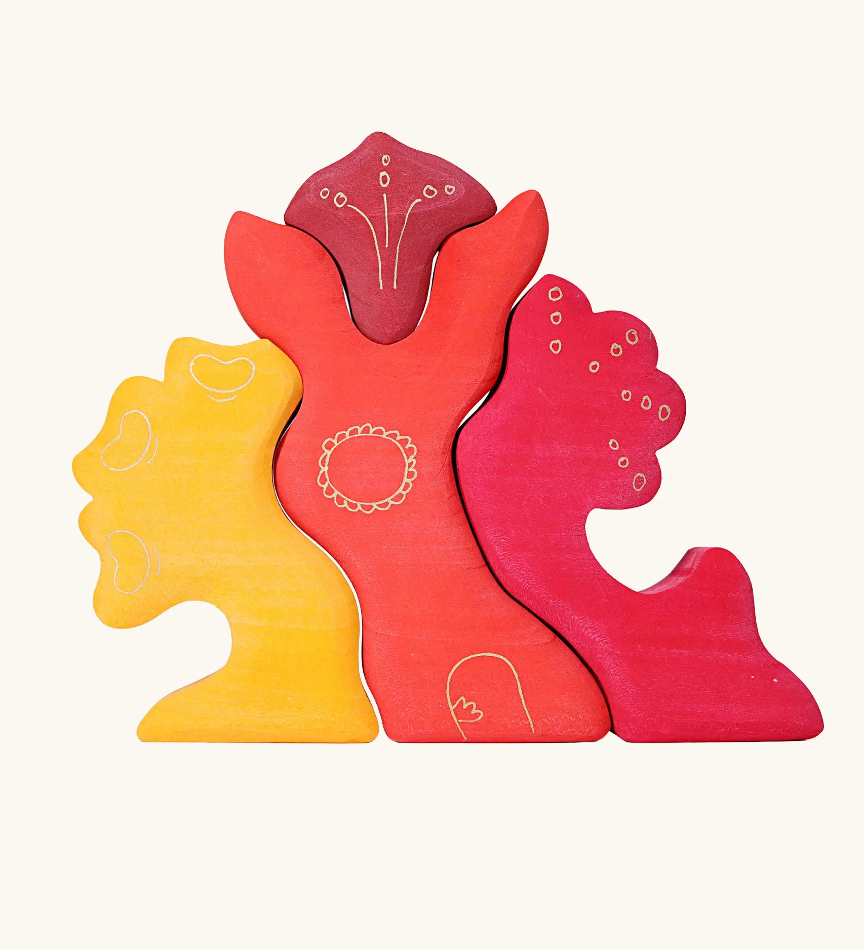 Grimm's casa glora wooden toy stacking puzzle. 4 piece puzzle in a mix of red and yellow colours.