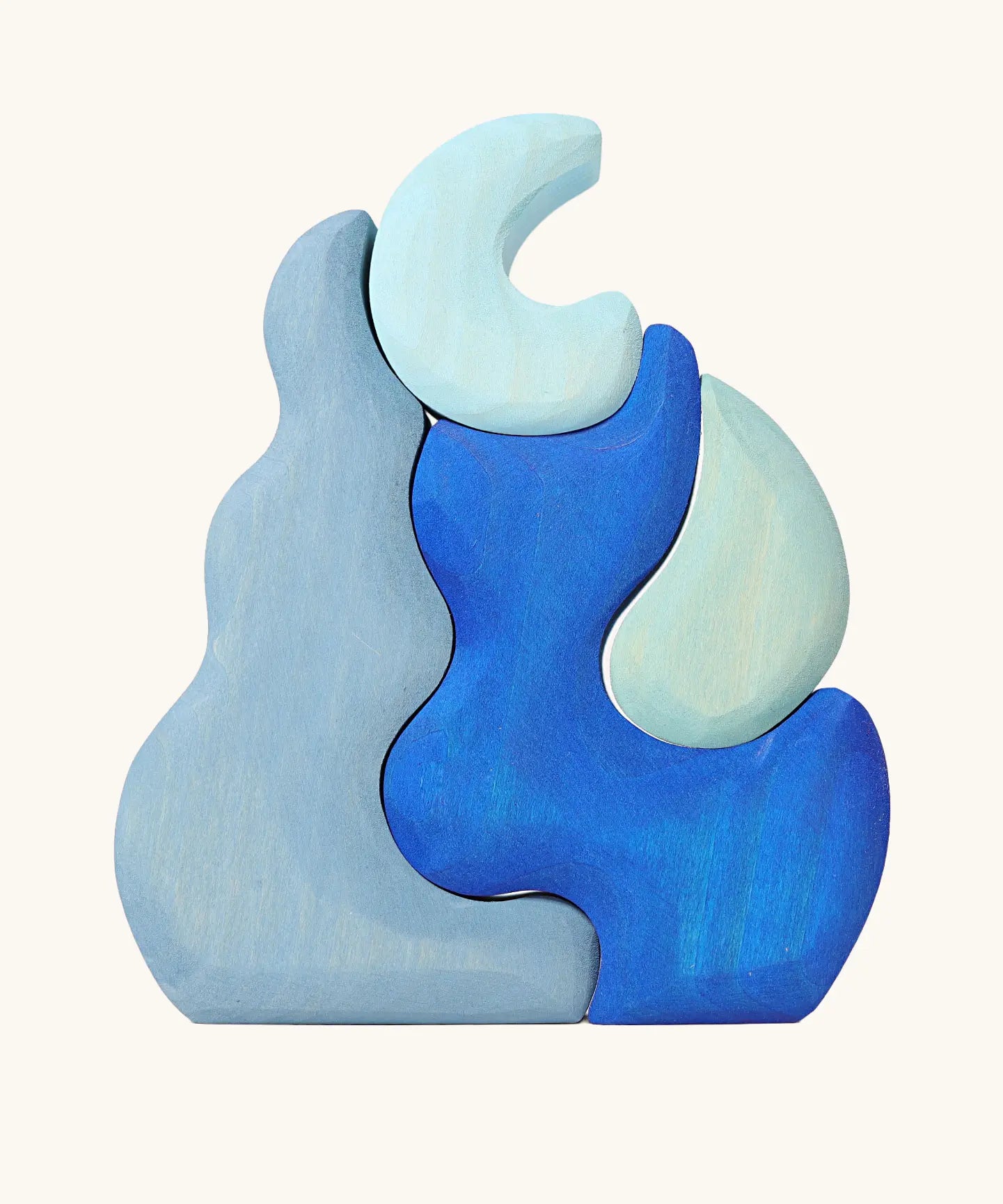 Back of Grimm's casa luna wooden stacking puzzle toy. Simple 4 piece blue blocks stacking toy. 