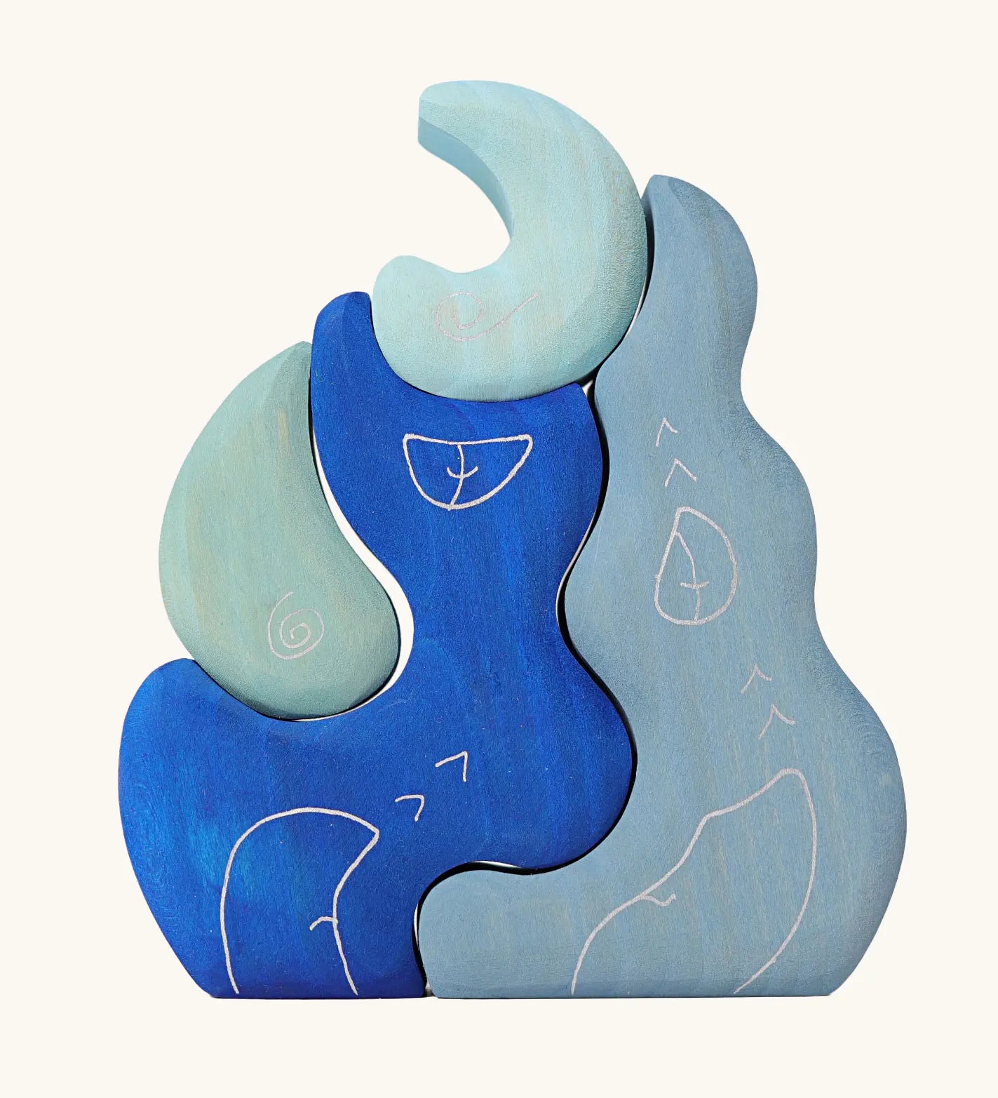Grimm's casa luna wooden stacking puzzle toy. Simple 4 piece blue blocks stacking toy. 