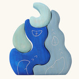 Grimm's casa luna wooden stacking puzzle toy. Simple 4 piece blue blocks stacking toy. 