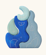 Grimm's casa luna wooden stacking puzzle toy. Simple 4 piece blue blocks stacking toy. 